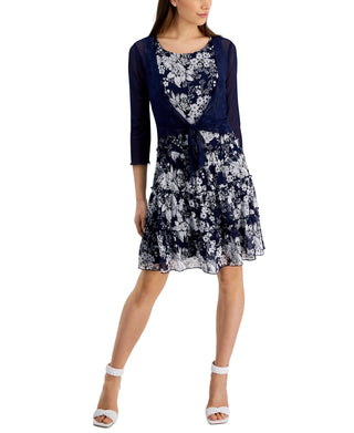 Connected Women's 2 Pc Printed Chiffon Jacket Dress Blue Size 8