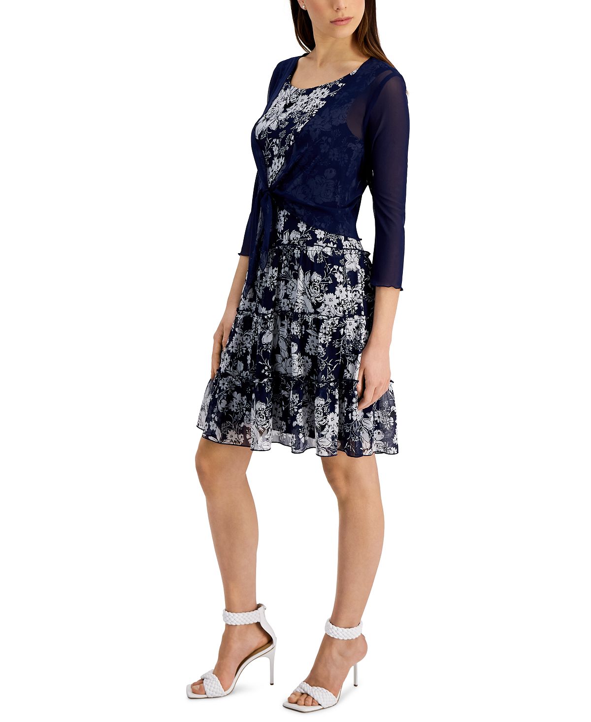 Vestido jaqueta de chiffon estampado feminino Connected, 2 peças, azul, tamanho 12