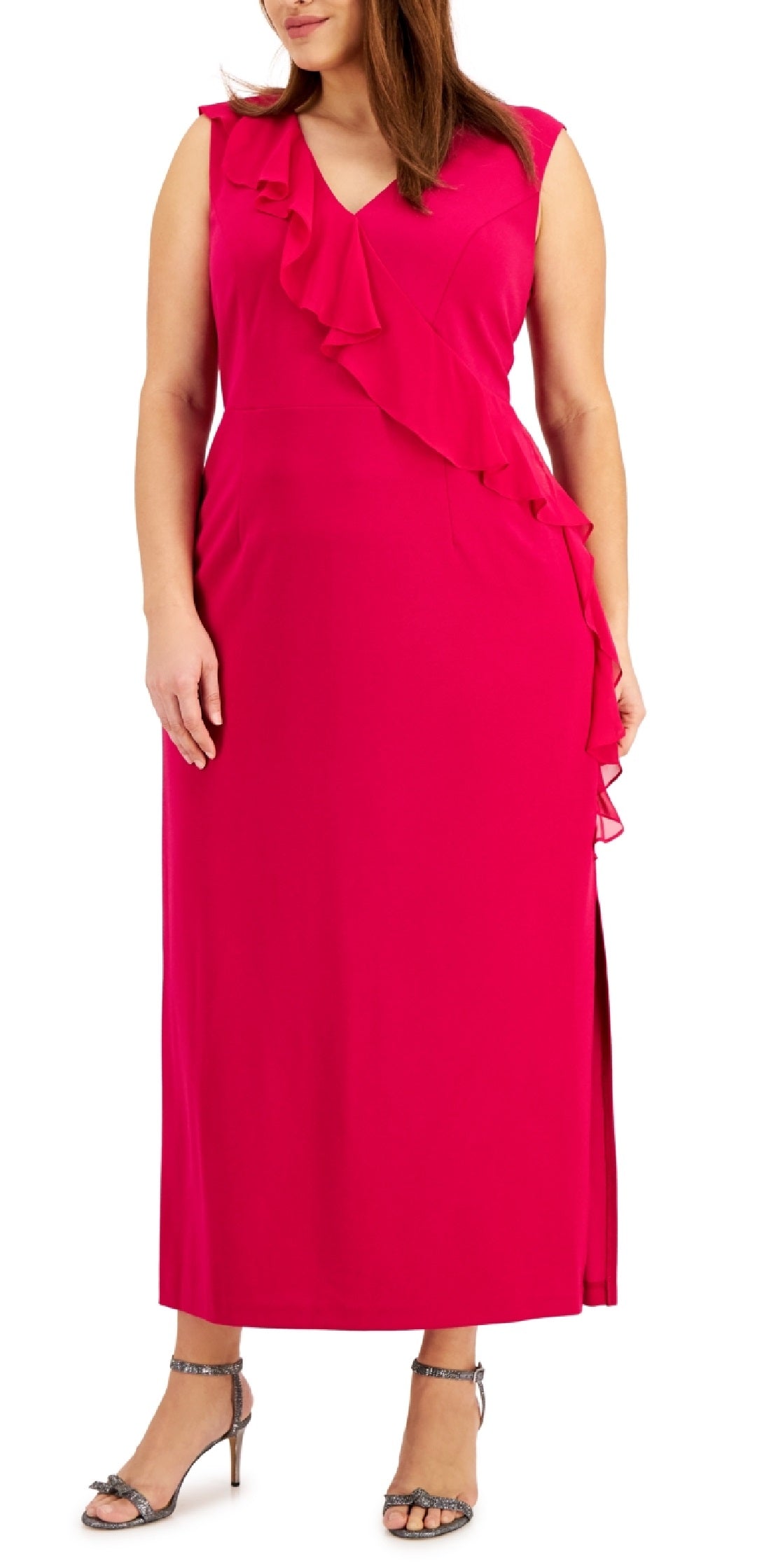 Vestido feminino com decote em V e babados, rosa, tamanho 14W