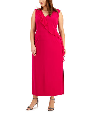 Connected Women's Zippered Short Sleeve V Neck Full Length Evening Sheath Dress Pink Size 24W