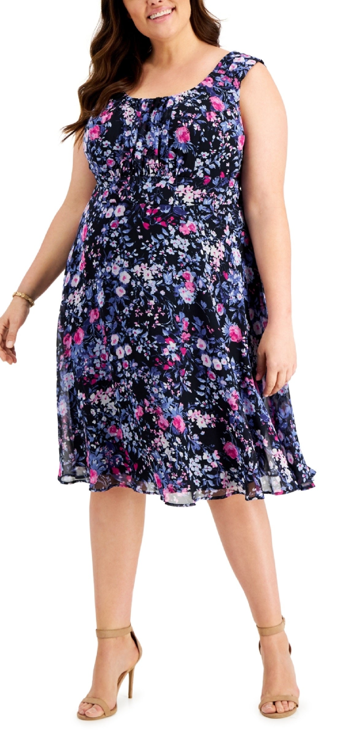 Vestido feminino Connected de chiffon com ajuste e abertura frontal, azul, tamanho 20W
