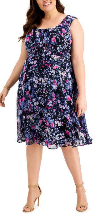 Connected Women's Chiffon Fit & Flare Dress Blue Size 20W