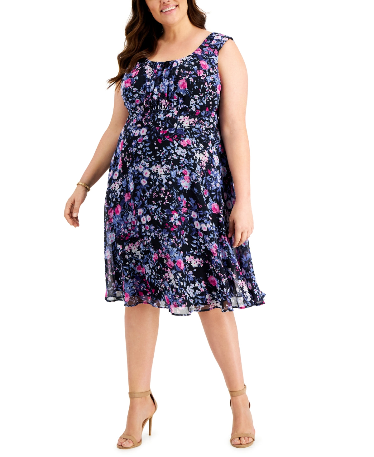 Vestido feminino Connected de chiffon com ajuste e abertura frontal, azul, tamanho 20W