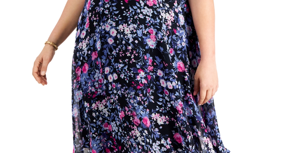 Vestido feminino Connected de chiffon com ajuste e abertura frontal, azul, tamanho 20W