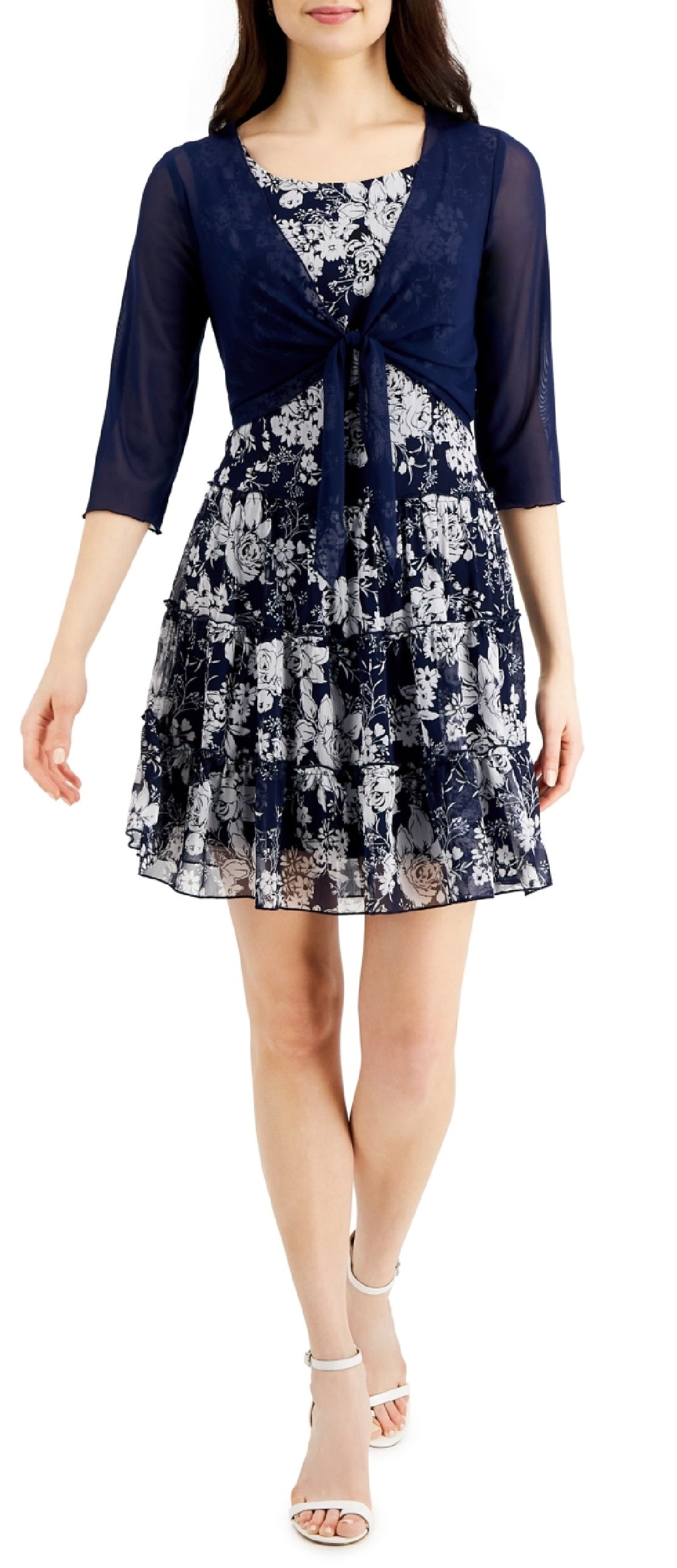 Vestido estampado feminino conectado com 2 peças e jaqueta de malha azul tamanho 6 pequeno