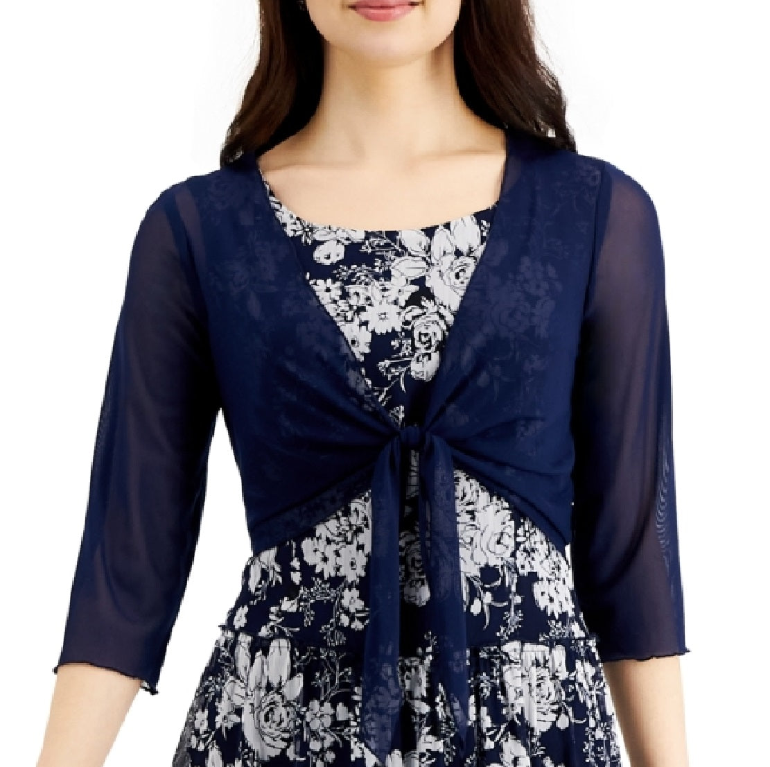 Vestido estampado feminino conectado com 2 peças e jaqueta de malha azul tamanho 6 pequeno