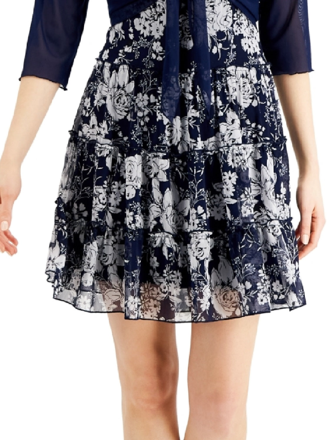 Vestido estampado feminino conectado com 2 peças e jaqueta de malha azul tamanho 6 pequeno