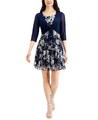 Vestido estampado feminino conectado com 2 peças e jaqueta de malha azul tamanho 6 pequeno