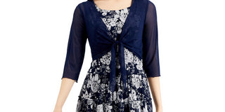 Vestido estampado feminino conectado com 2 peças e jaqueta de malha azul tamanho 6 pequeno