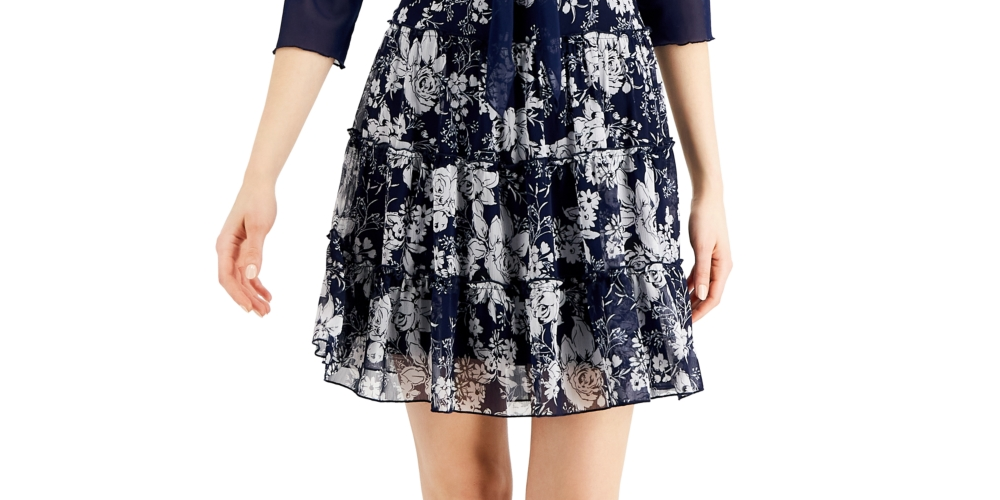 Vestido estampado feminino conectado com 2 peças e jaqueta de malha azul tamanho 6 pequeno