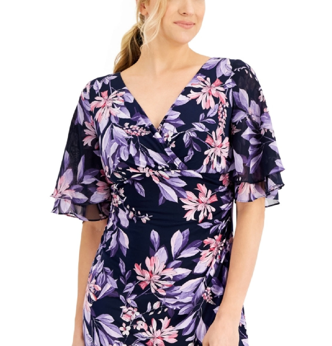 Vestido tubinho feminino Connected, manga curta, em camadas, azul, tamanho 6, pequeno