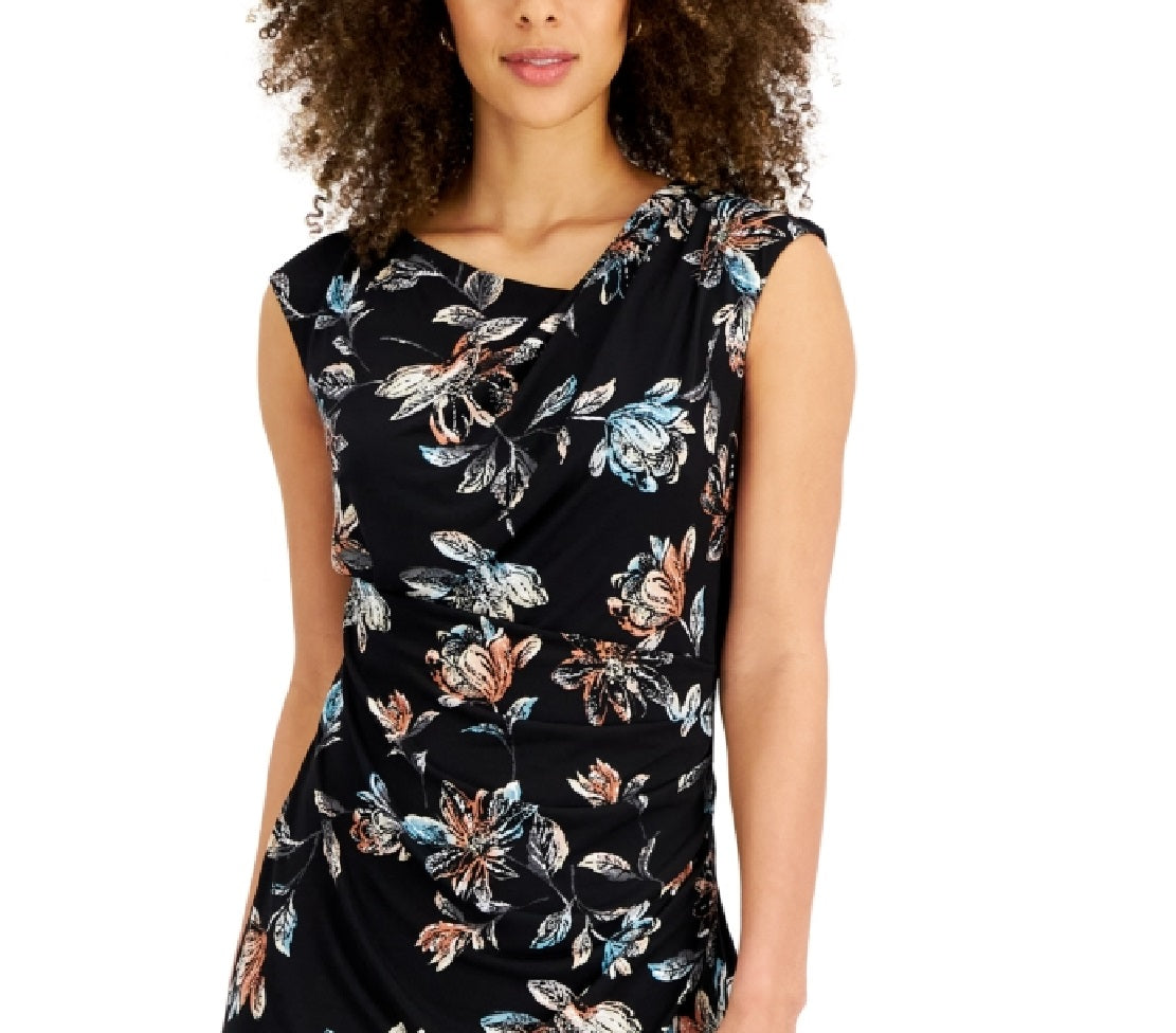 Vestido tubinho com manga curta floral feminino conectado, preto, tamanho 14, pequeno