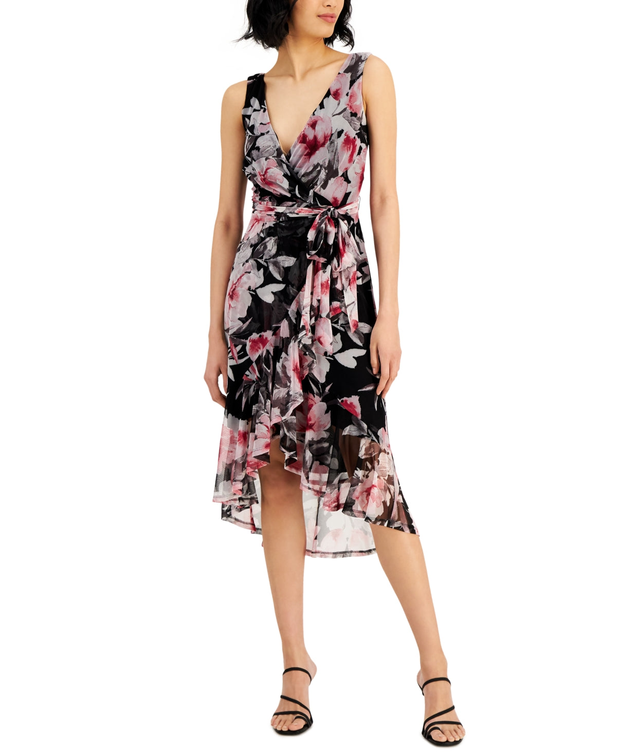 Vestido envelope feminino com estampa floral e babados, preto, tamanho 4