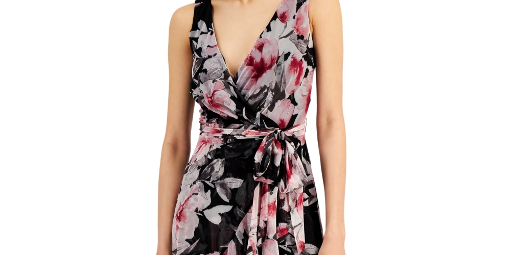 Vestido envelope feminino com estampa floral e babados, preto, tamanho 4