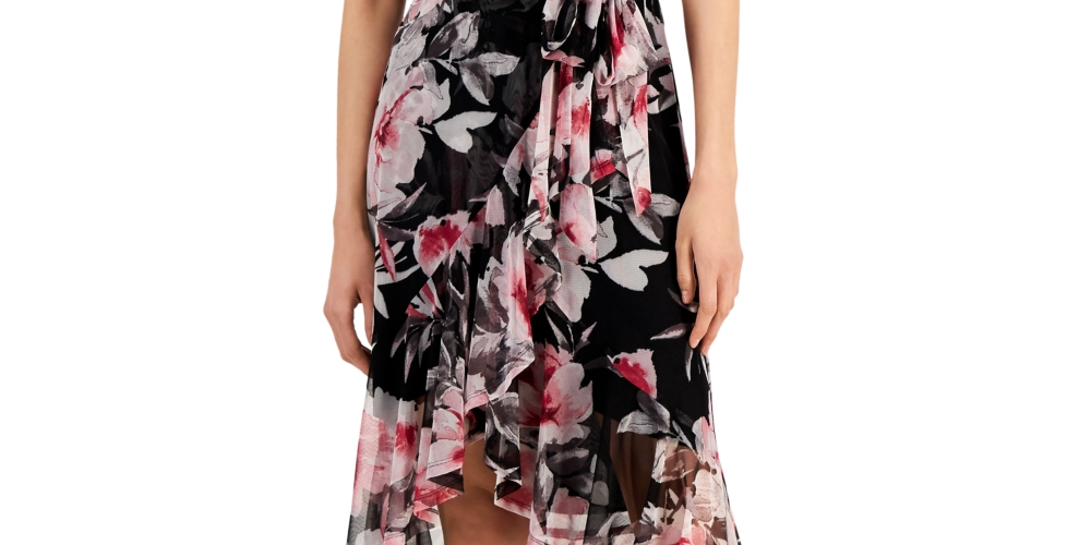 Vestido envelope feminino com estampa floral e babados, preto, tamanho 4