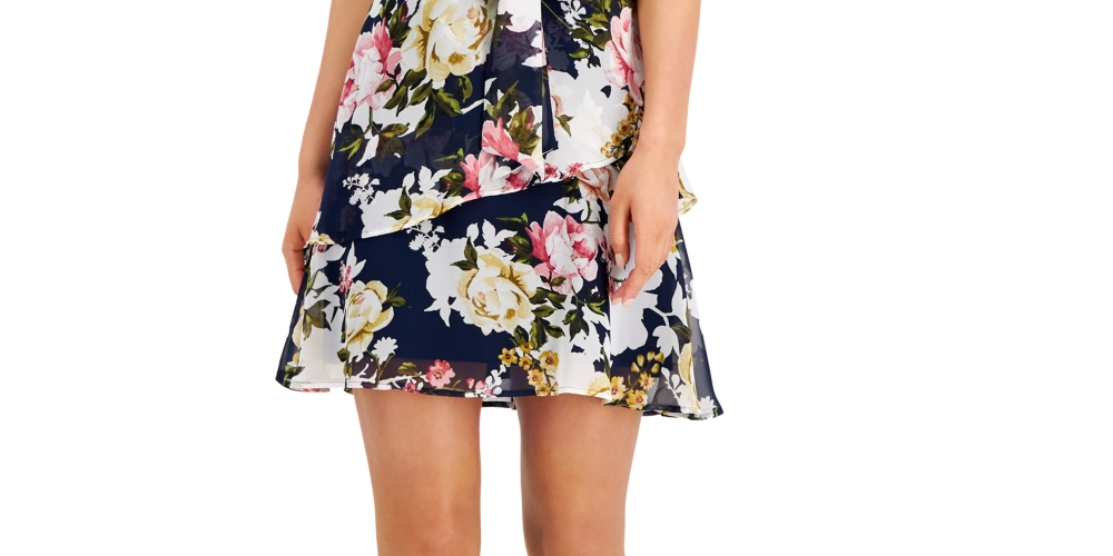 Vestido feminino Connected em camadas de chiffon com ajuste evasê, azul, tamanho 8, pequeno