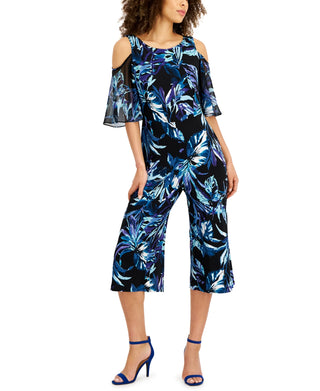 Connected Women's Cold Shoulder Printed Jumpsuit Green Size 4Petite