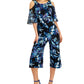 Macacão feminino estampado com ombros descobertos, azul, tamanho 10