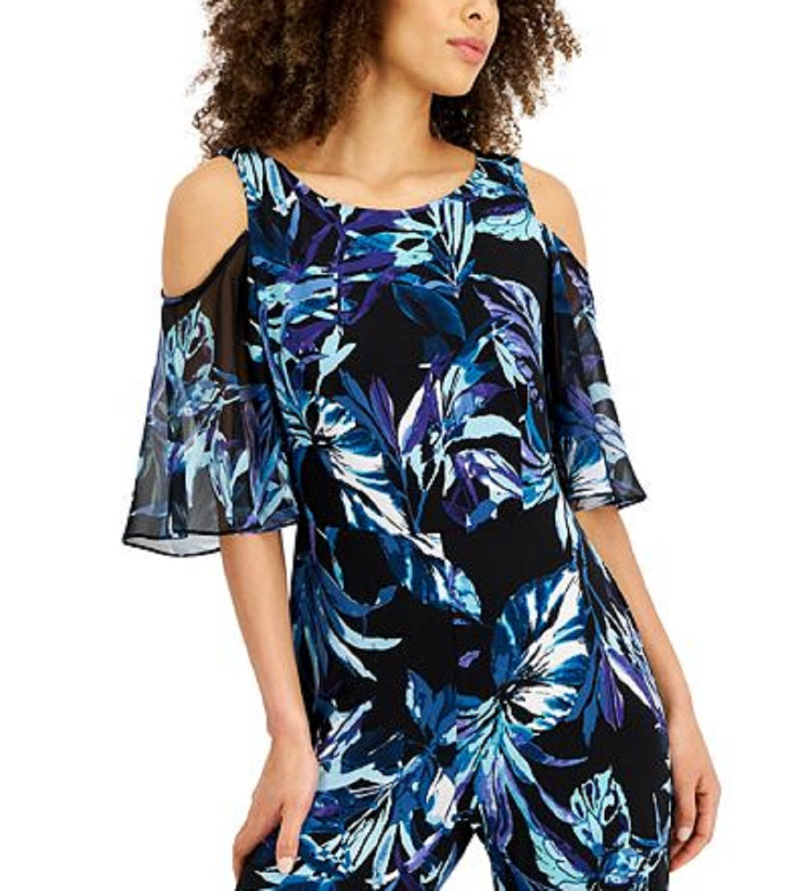 Macacão feminino estampado com ombros descobertos, azul, tamanho 10