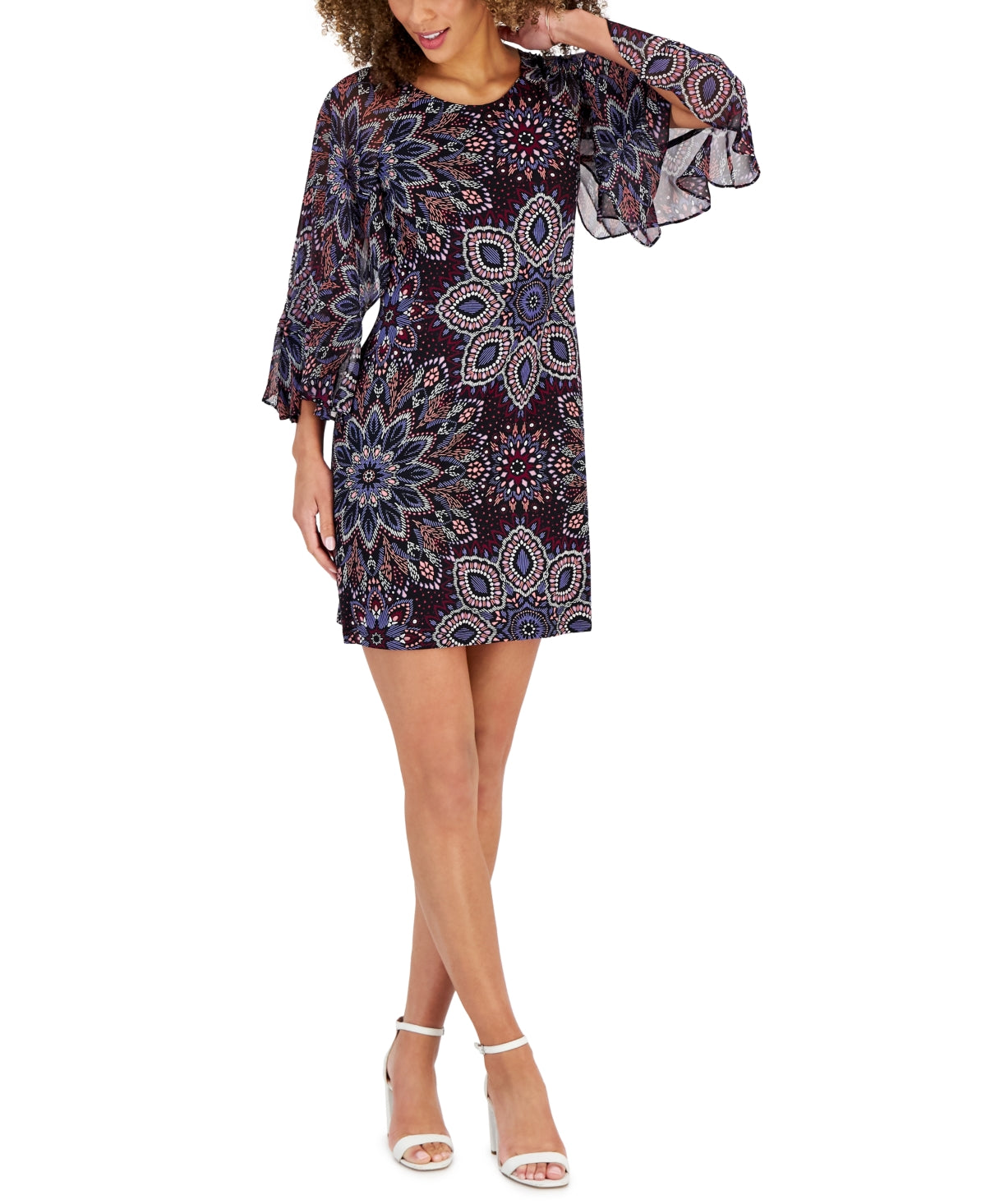 Vestido feminino Connected de chiffon estampado, justo e evasê, roxo, tamanho 8, pequeno