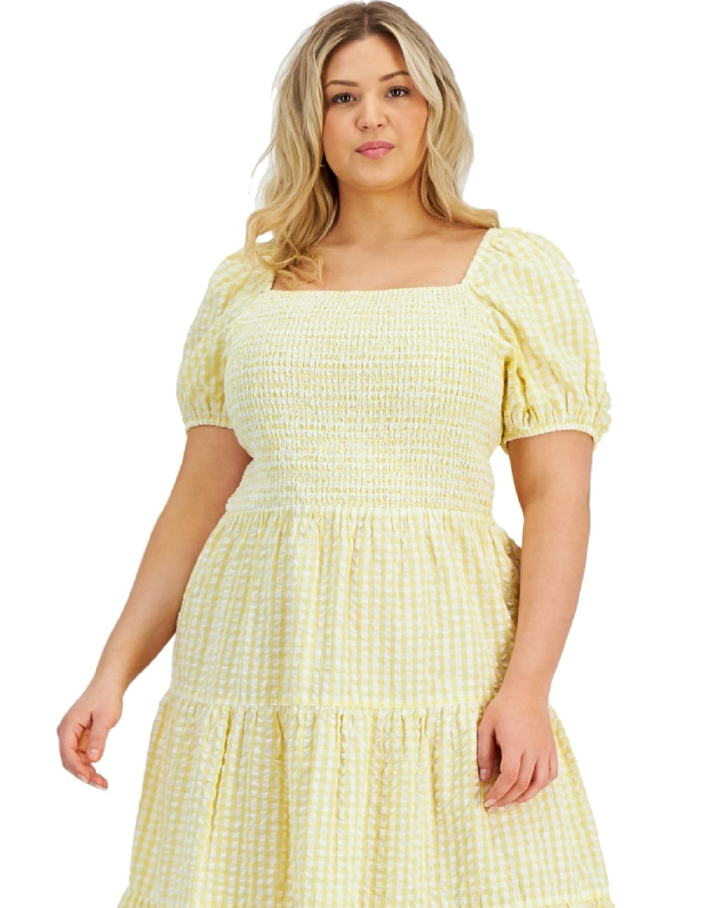 E agora este vestido feminino de algodão em camadas amarelo tamanho 3X