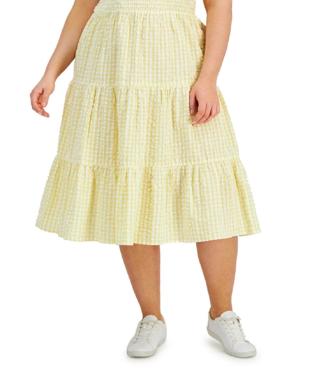 E agora este vestido feminino de algodão em camadas amarelo tamanho 3X