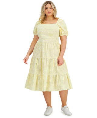 E agora este vestido feminino de algodão em camadas amarelo tamanho 3X