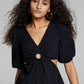 E agora este minivestido feminino de algodão com decote em V, preto, tamanho médio