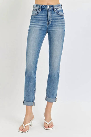 Risen - Calça jeans cropped de cintura alta e enrolada tamanho grande