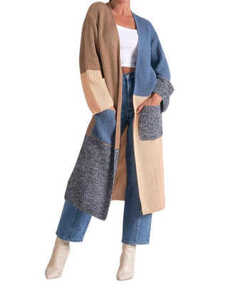 Elan - Suéter longo com blocos de cores e bolsos