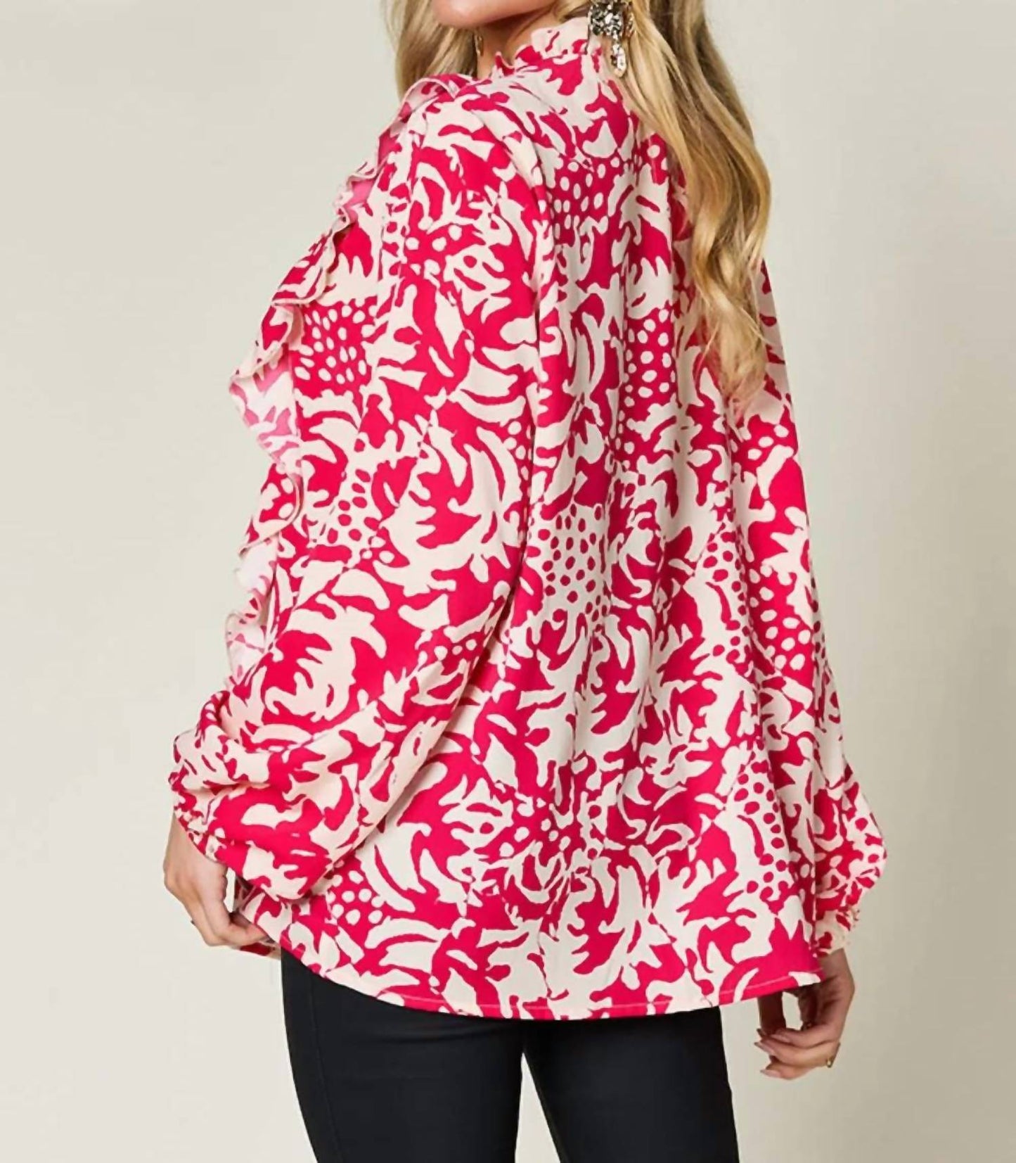 Double Take - Full Size Printed Ruffle Trim Balloon Sleeve Shirt
