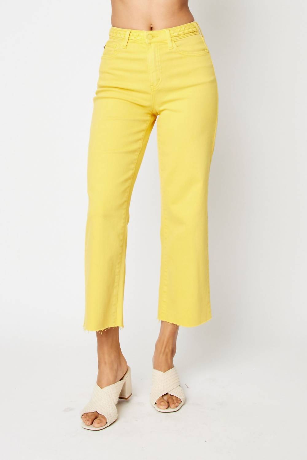 Judy Blue - Hight Waist Garment Dyed Braided Waistband Crop Wide Leg Jeans