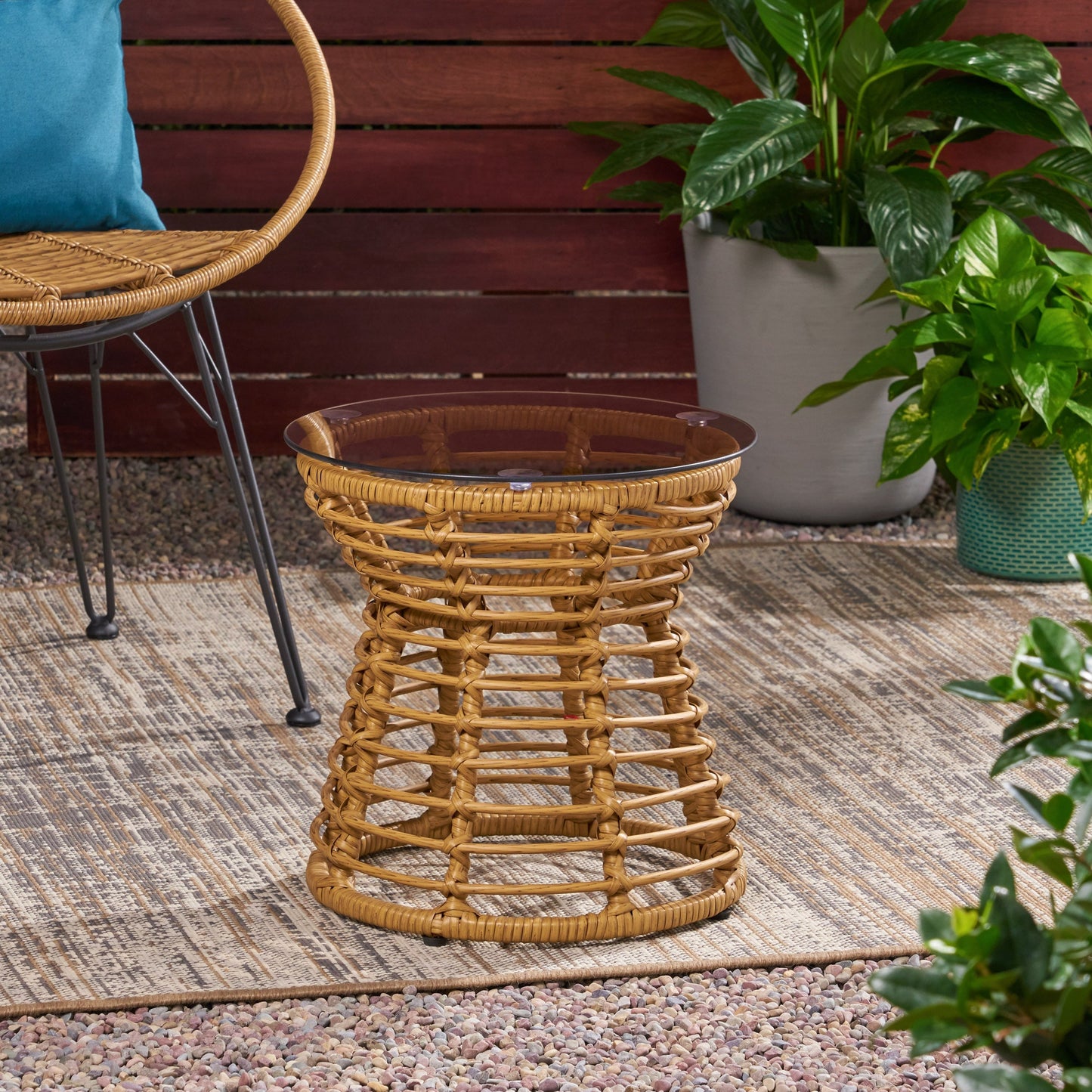 San Pedro Boho Style Side Table with Tempered Glass Top in Light Brown Rattan