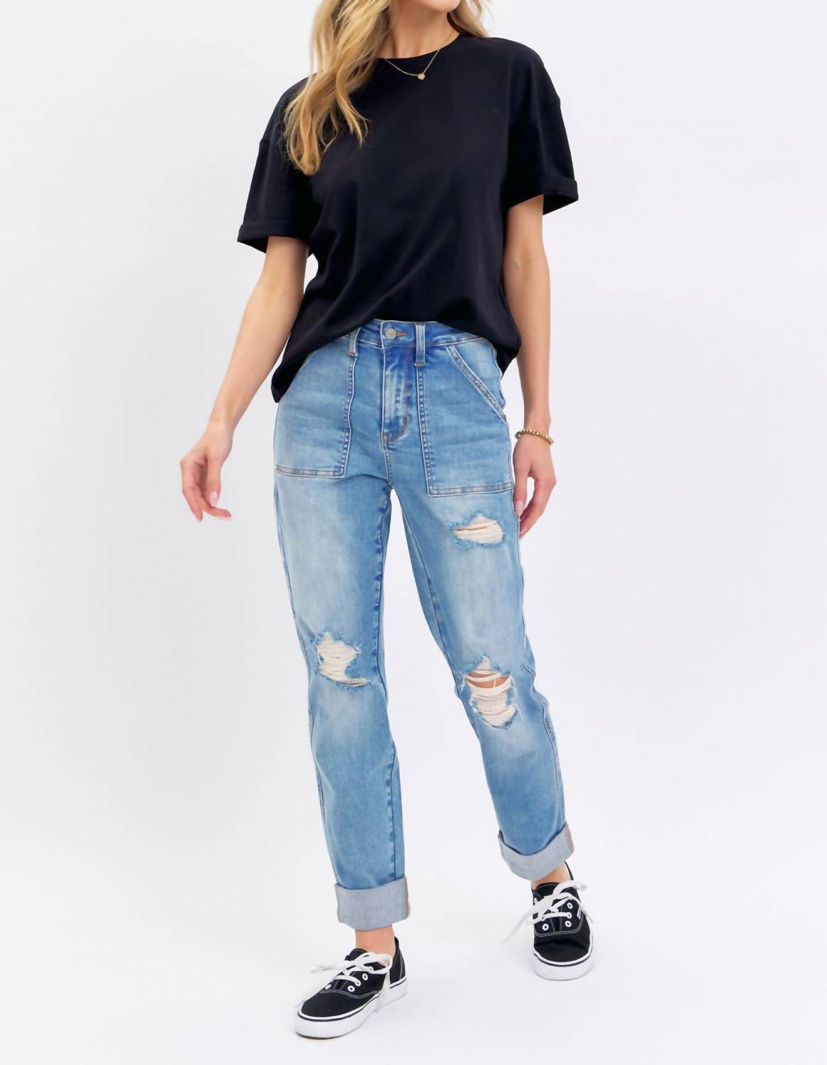 Judy Blue - High Rise Patch Pocket Distressed Cuffed Boyfriend Jeans