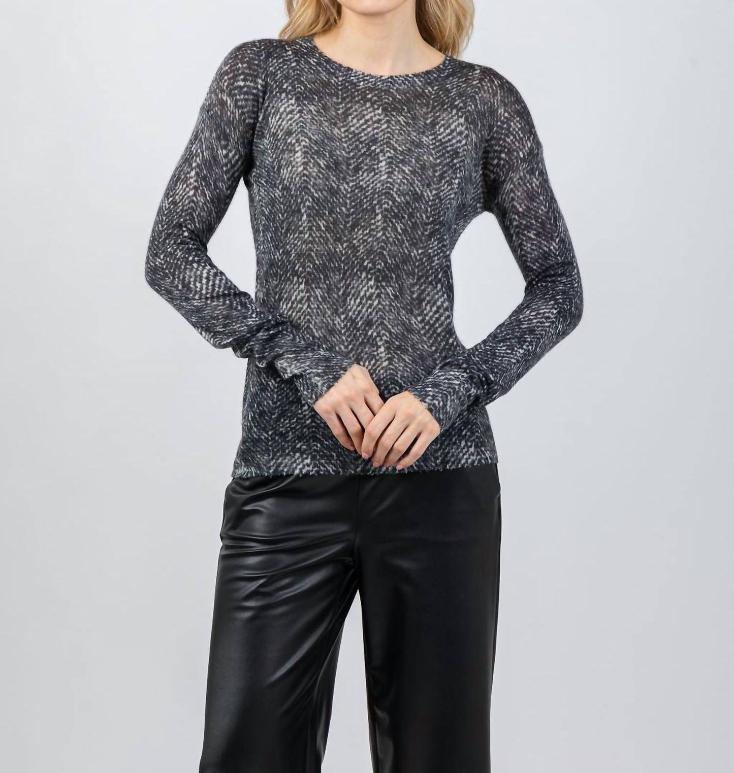Autumn Cashmere - Cashmere Herringbone Print Raw Edge Crew Sweater