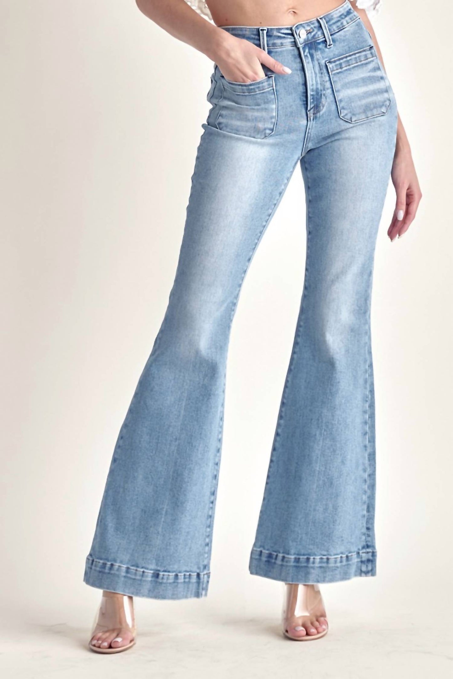 Risen - High Rise Patched Pocket Front Flare Jeans