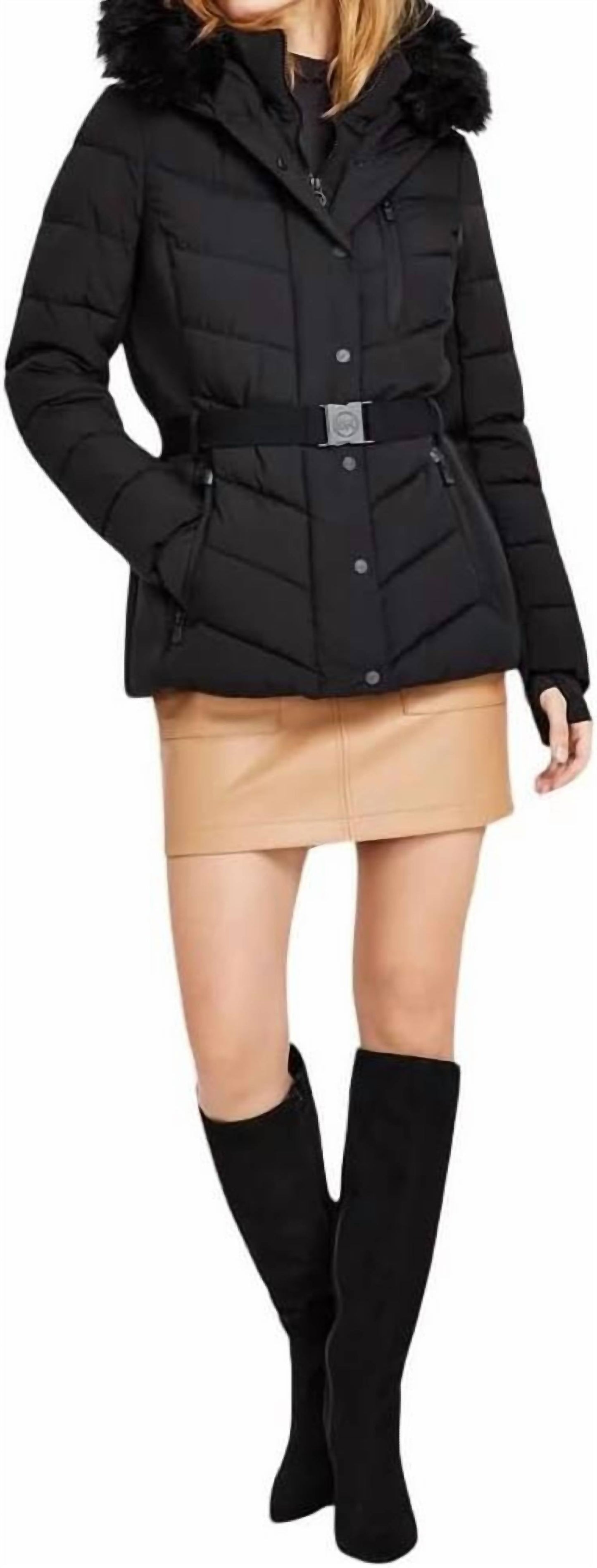 Michael Kors - Scuba Quilted Belted Coat Jacket with Fur Hood