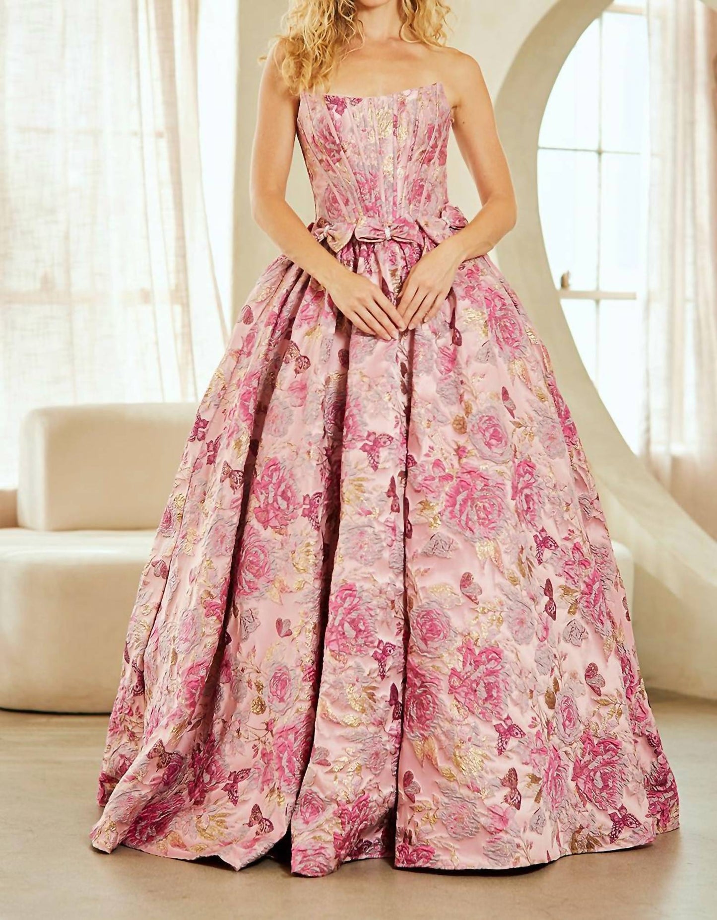 Amelia Couture - Strapless Flower Bow Detail Prom Gown