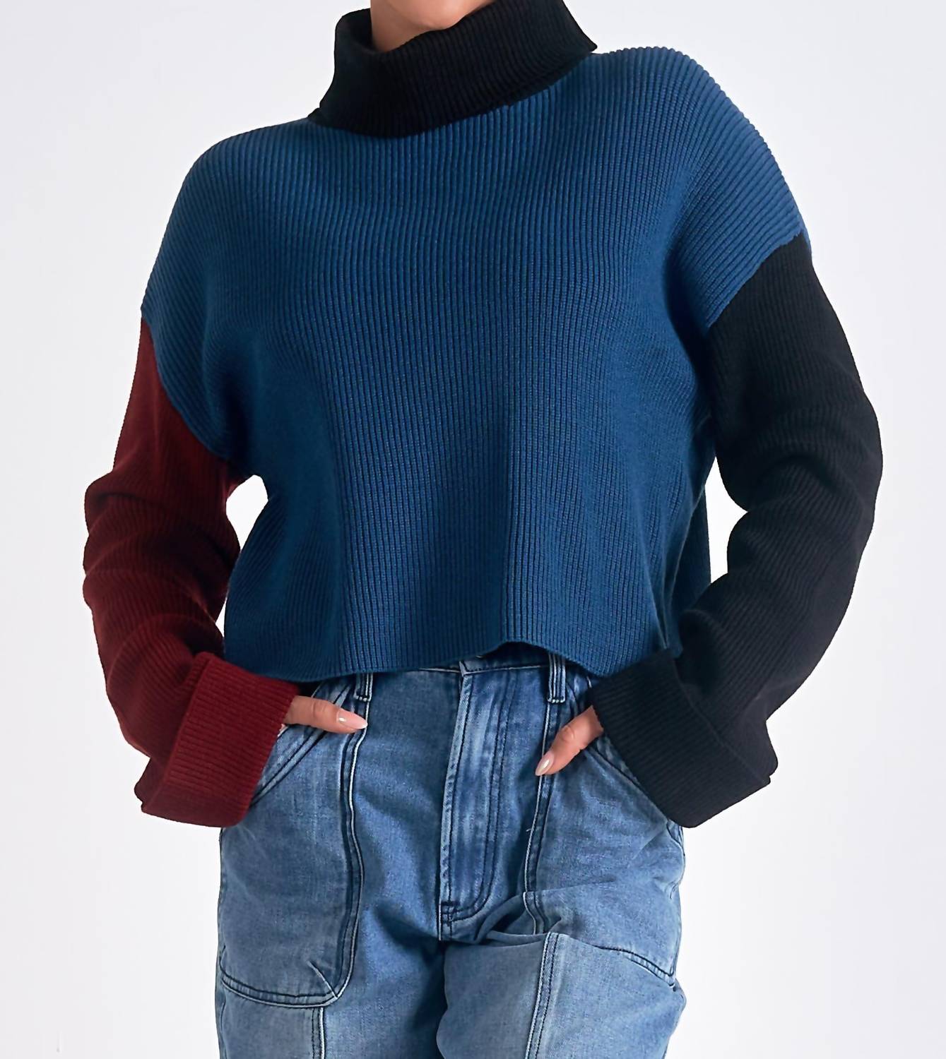 Elan - Colorblock Turtle Neck Cropped Sweater