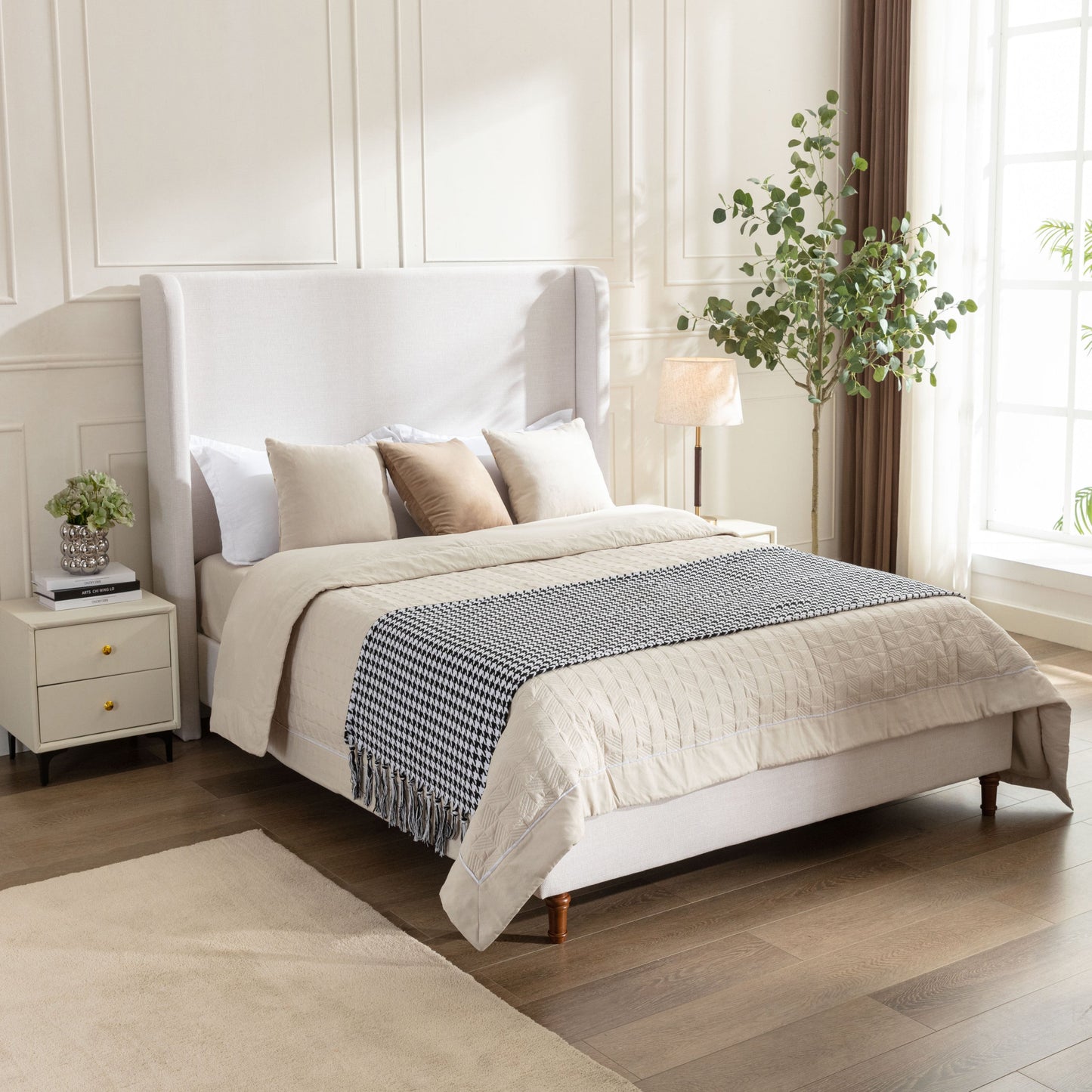 Harper Tall Headboard Upholstered Bed in Textured Ivory Canvas