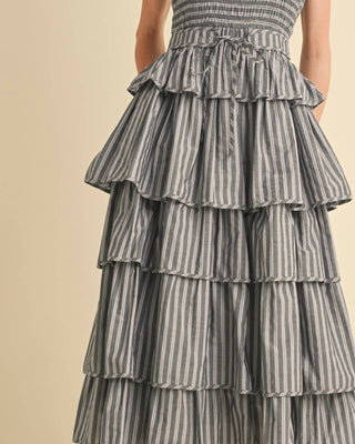 &amp;Merci - Vestido midi em camadas com corpete franzido e listras múltiplas