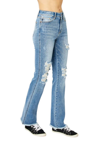 Judy Blue - Calça Jeans Bootcut Destroy Fray Hem de Cintura Alta