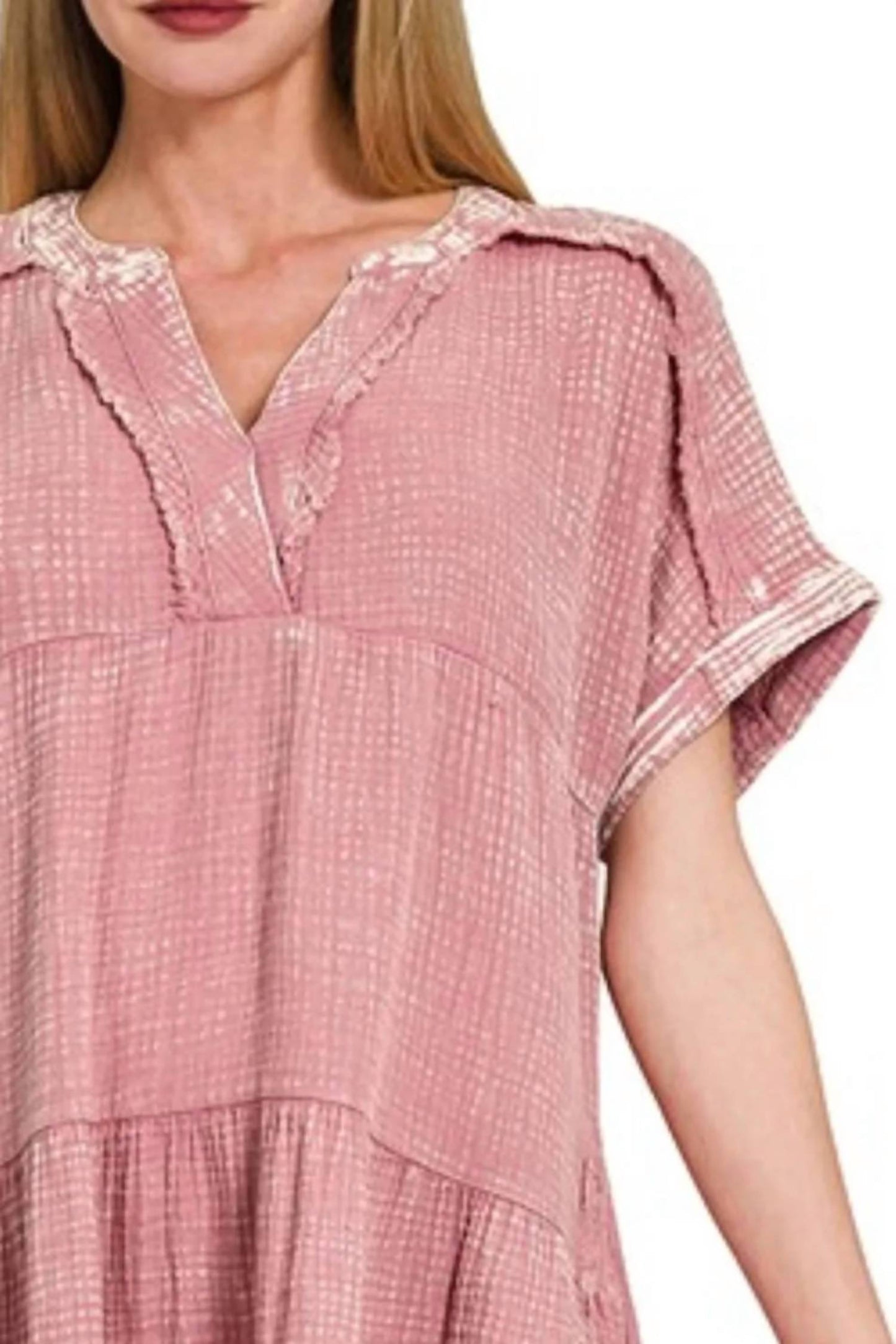 Zenana - Washed Double Gauze Raw Edge V-neck Dress