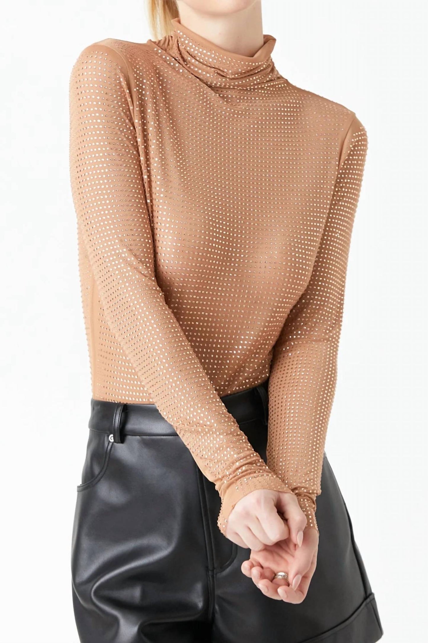 2.7 August Apparel - Rhinestone Mesh Long Sleeve Bodysuit