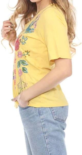 Johnny Was - Camiseta Trapunto 3/4 com decote em V Maureen