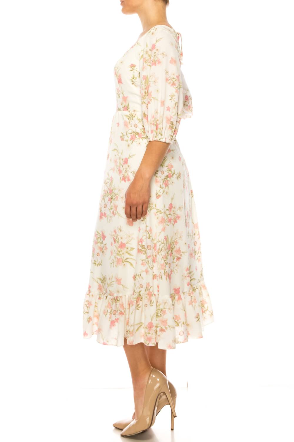 52Seven - Three Quarter Sleeve Floral Midi Dress