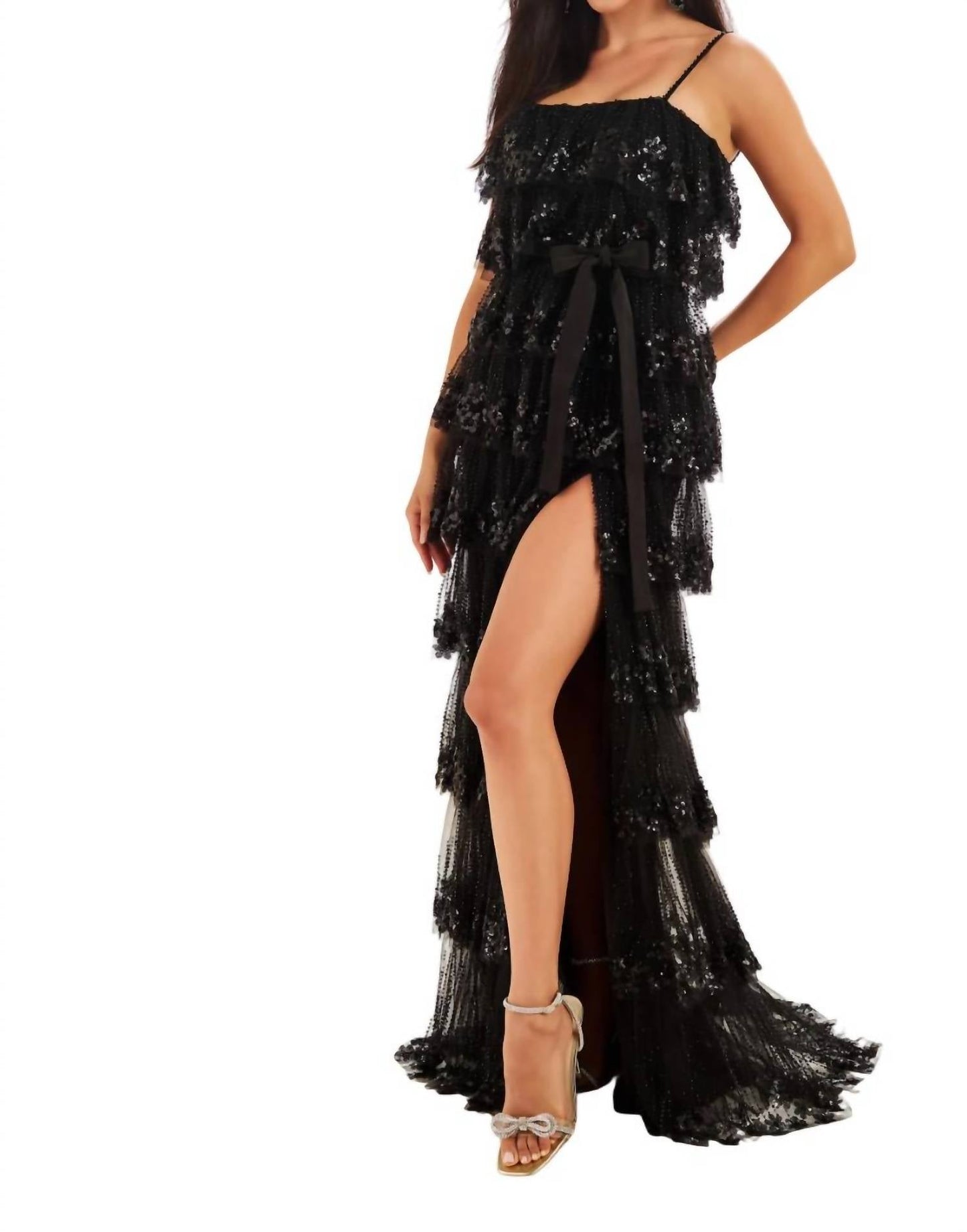 Ellie Wilde - Embroidered Tulle Tiered Ruffles Prom Dress