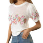 Lalavon - Susan Puff Sleeve Floral Embroidered Crochet Top