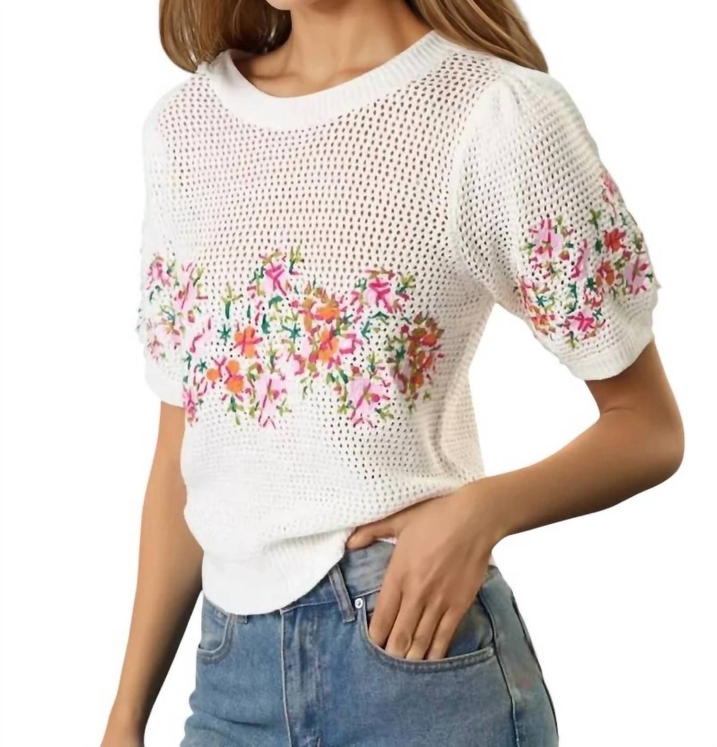 Lalavon - Susan Puff Sleeve Floral Embroidered Crochet Top