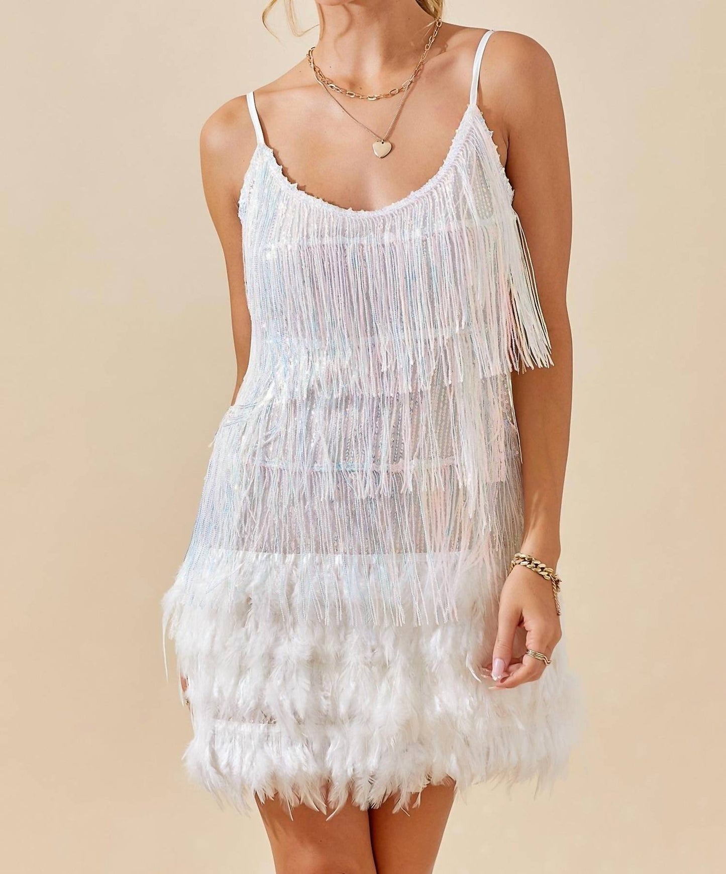 Day + Moon - Sequins Fringe With Feather Trims Mini Dress